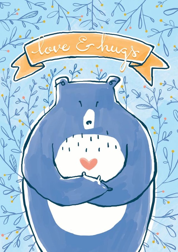 Love & Hugs Blue Bear with Heart created by Kate Chesterton