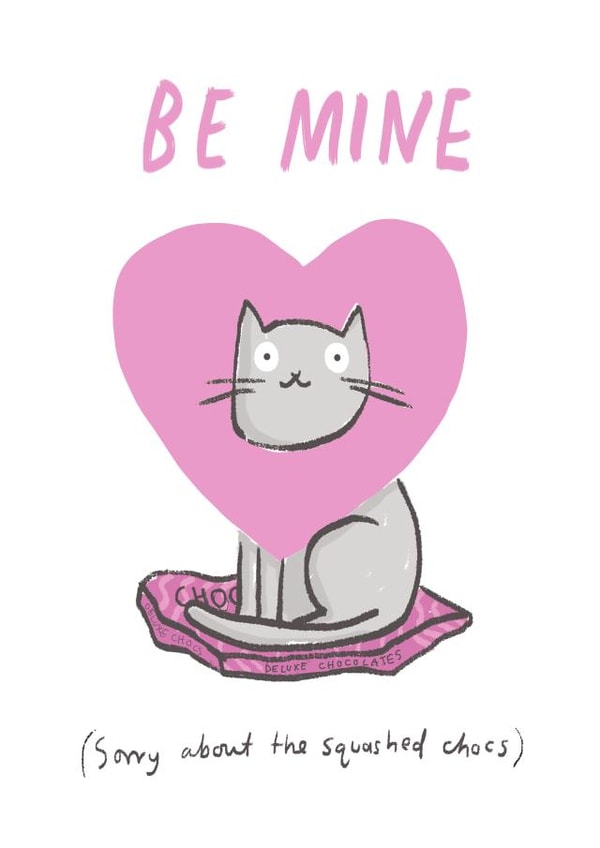 Cute Cat Valentine's card - Be mine cat squashing chocs - pink heart created by Sarah Ray