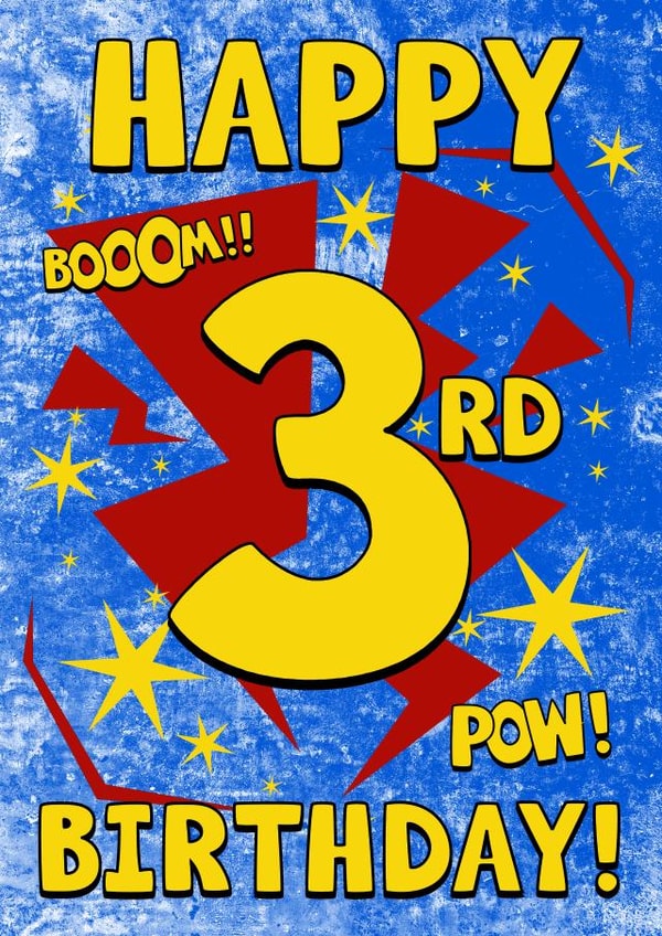 Cute 3rd Birthday Card - Boom! Pow! - Superhero created by Alex Dato
