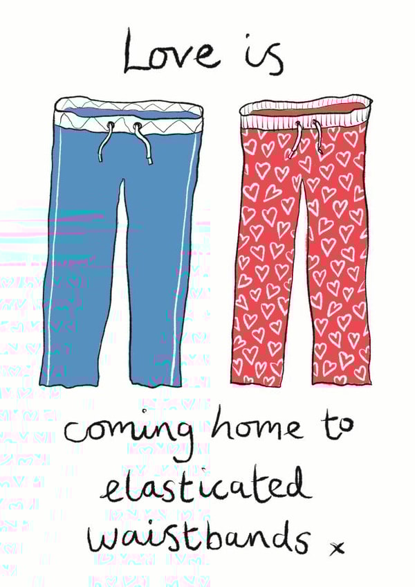 Funny Valentines Day Card / Anniversary Card - Pyjamas - Love Is Coming Home To Elasticated Waistbands created by Tarot Close Design