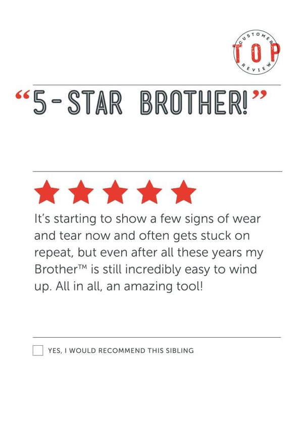 Funny five-star review brother birthday card  created by Tess Cards