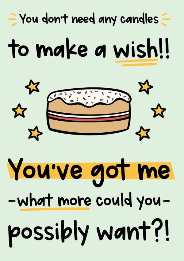 Cheeky Funny Birthday Card - You don't need any candles to make a wish!! You've got me what more could you possibly want?! created by The Laughing Sloth