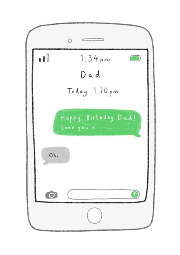 Funny 'Ok' Text Message Birthday Card For Dad - From Son/Daughter - iPhone created by Rosie Cattell Illustrations