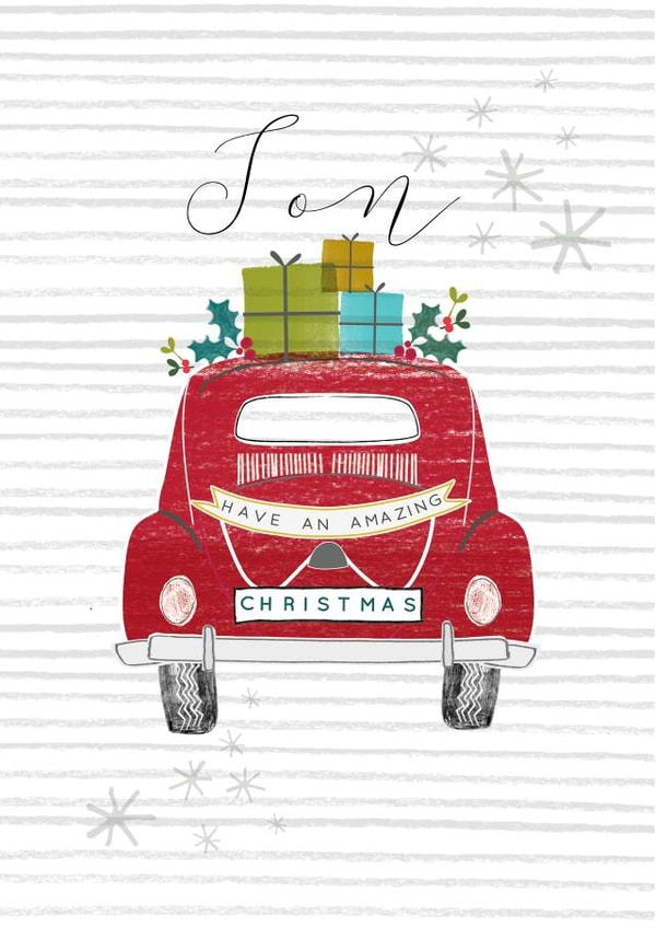 Modern/contemporary Son at Christmas Card, featuring a classic car design. created by Laura Darrington Design Ltd.