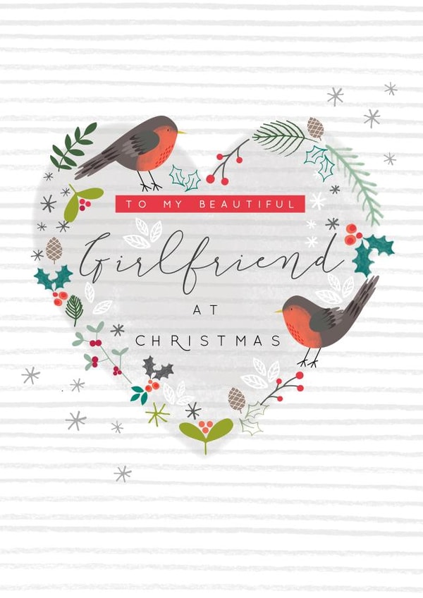 Modern/contemporary Girlfriend Christmas Card featuring a pair of robins design. created by Laura Darrington Design Ltd.