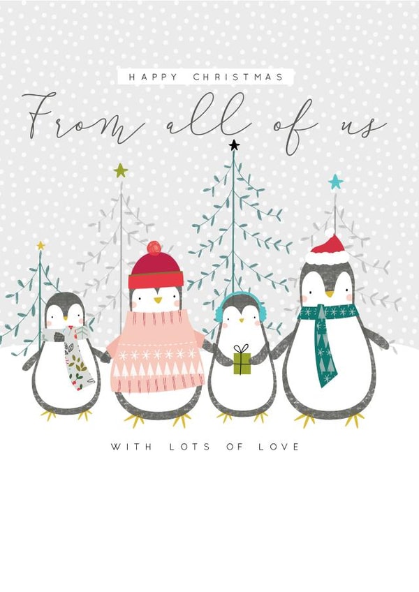 Modern/contemporary cute Christmas Card, featuring a family of penguins design. created by Laura Darrington Design Ltd.