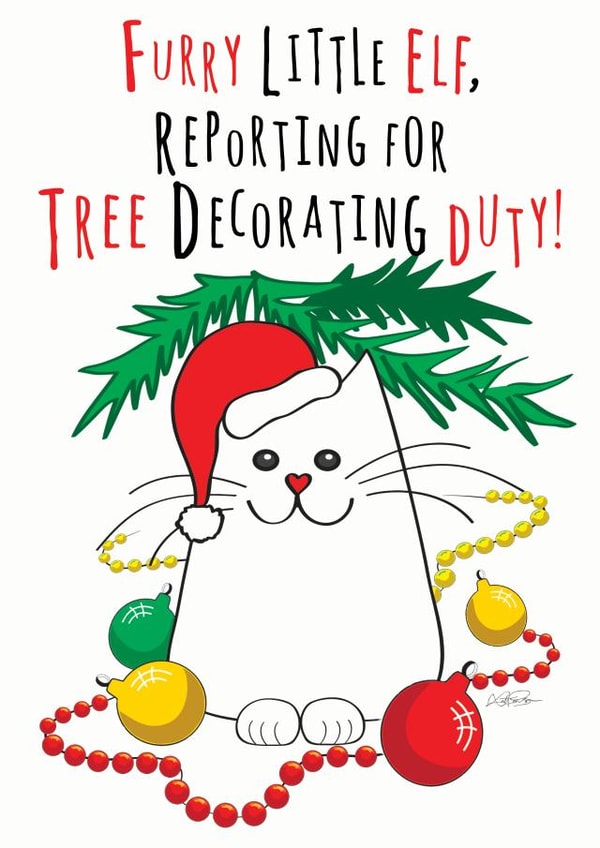 Cute, funny cat Christmas card for cat loving friends and family. created by Kat Pearson