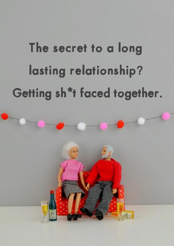 Rude Figurine Anniversary Card - The Secret To A Long Lasting Relationship - Get Shitfaced Together created by Bold & Bright Cards
