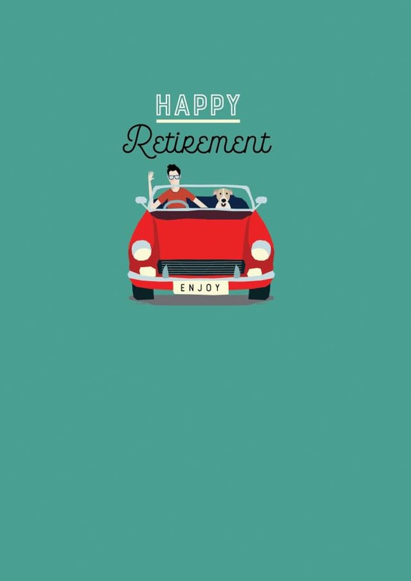 Modern/contemporary Retirement Card, featuring a car/dog design. created by Laura Darrington Design Ltd.
