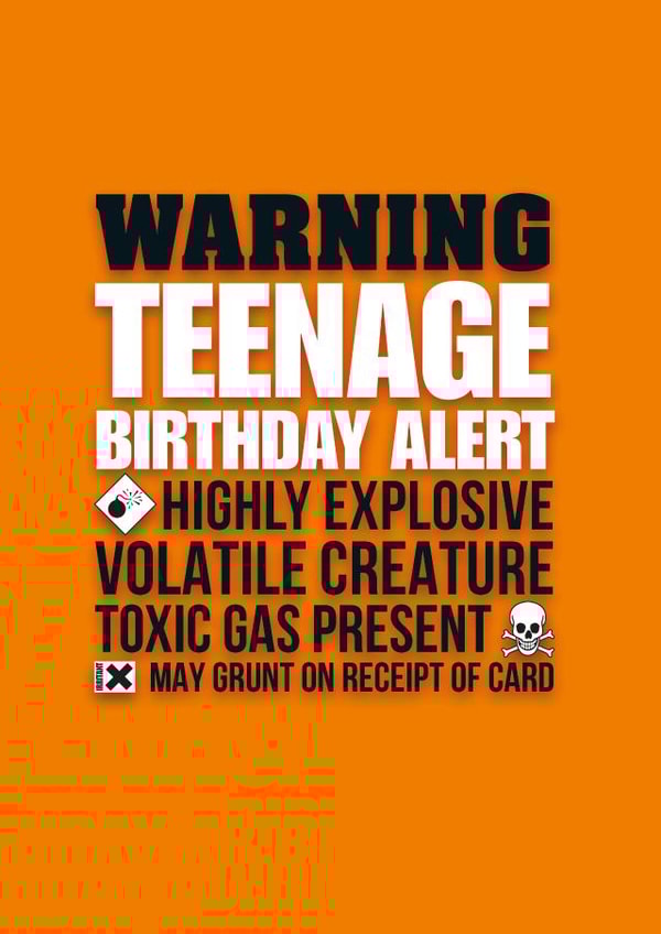 Funny Birthday Card - Teenager - Warning Teenage Birthday Alert Highly Explosive Volatile Creature created by Pendrea Noye
