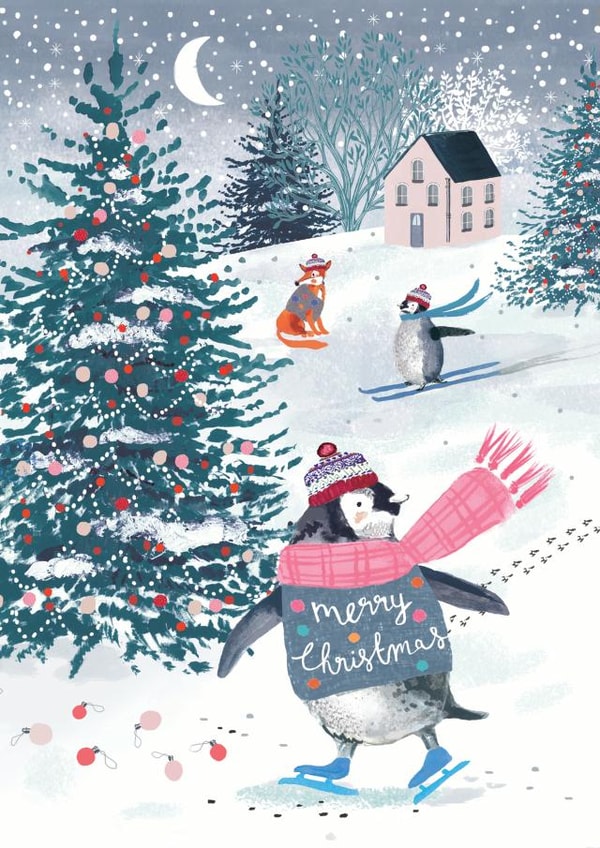 Classic Christmas Card - Penguins - Skating - Winter Scene created by Louise Tiler