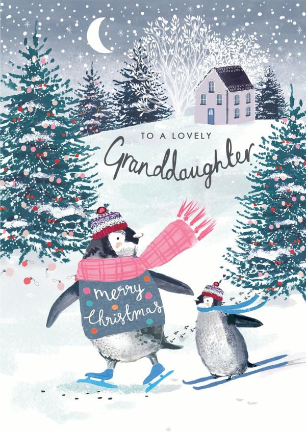 Classic Christmas Card - For Granddaughter - Penguins - Winter Scene created by Louise Tiler
