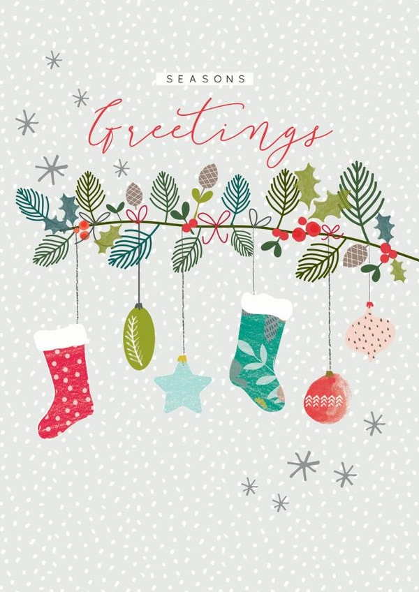 Traditional - Stockings - Seasons Greetings - Pretty - Cute - Baubles - Holly Branch - Christmas Card created by Laura Darrington Design Ltd.
