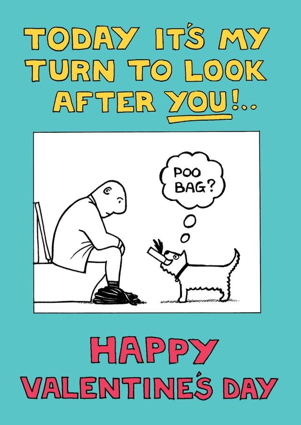poo bag look after Valentines Day Card 1930 created by Off The Leash Cartoons by Rupert Fawcett