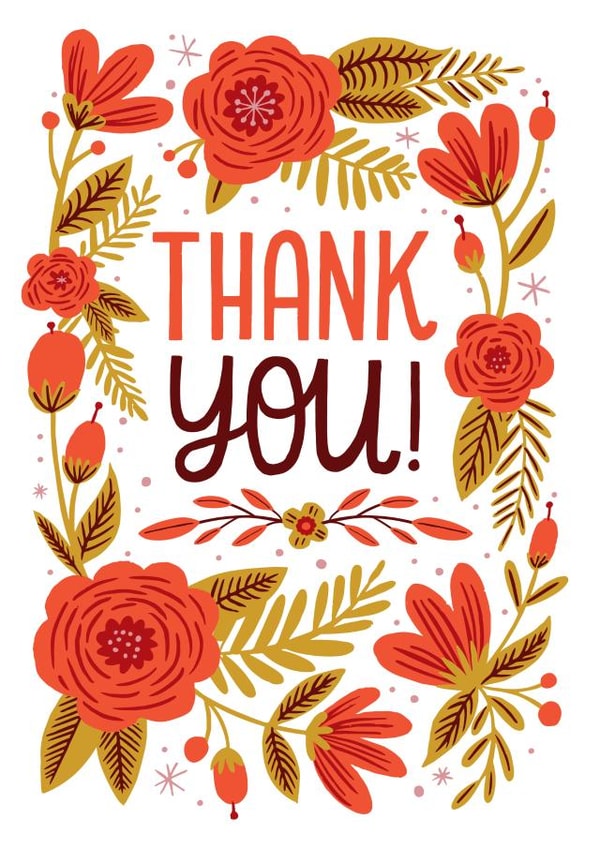 Classic Thank You Card - Red Flowers with Gold Foliage and Friendly Lettering created by Kay Wolfersperger