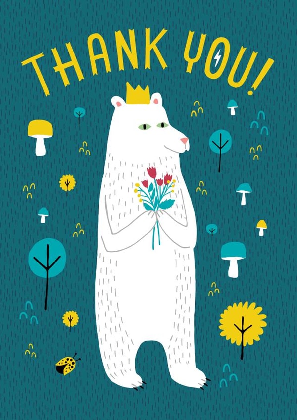 Cute Thank You Card - King or Queen Bear Holding Flowers created by Kay Wolfersperger