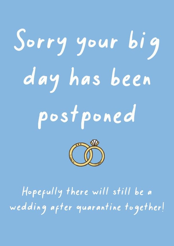 Quarantine postponed wedding - rings with blue background created by SnailMail