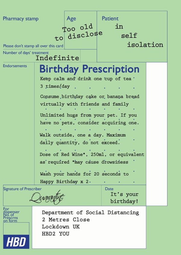 Birthday prescription card created by Hatched Art