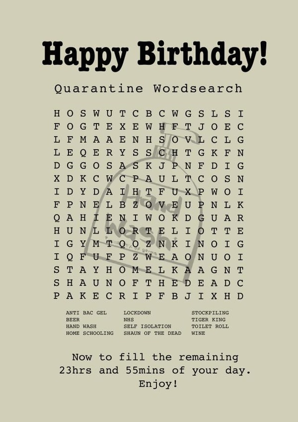 Quarantine/Lockdown Wordsearch Happy Birthday Card created by Funnilyenough