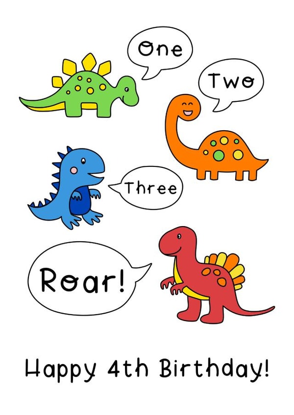 Cute Birthday Card - 4th - Dinosaurs - One Two Three Roar Happy 4th Birthday created by Helen Bicknell