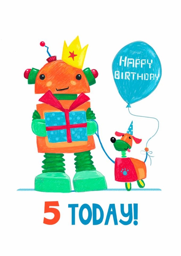Children's Age 5 Cute Robot and Dog Birthday Card created by Dale Simpson
