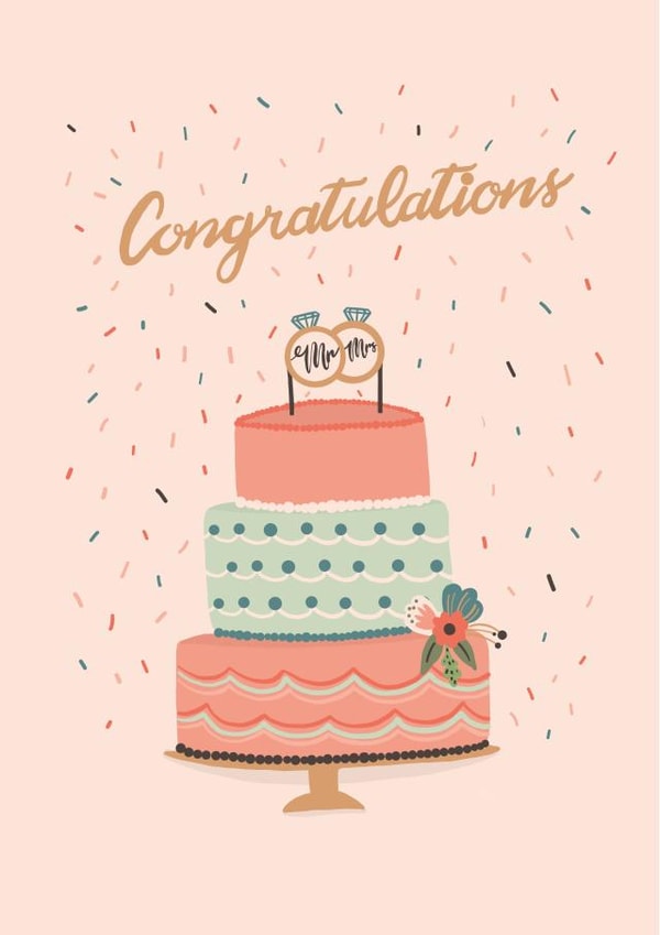 Congratulations wedding card - Pink cake and rings created by Studio Peers