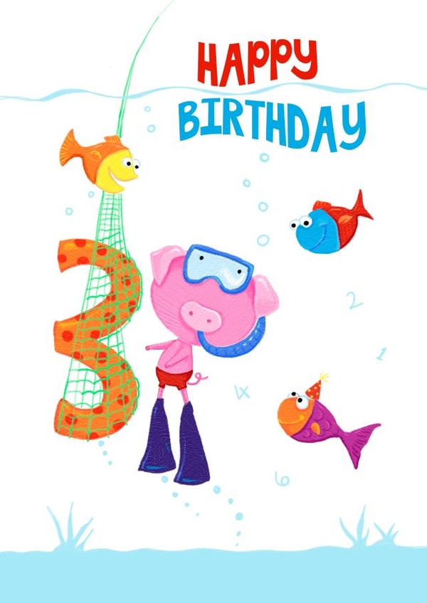 Children's age 3 Snorkel Pig and Fish Birthday card created by Dale Simpson