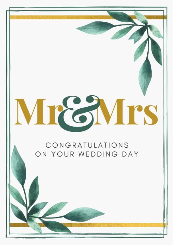 Green and gold Mr & Mrs weding day card created by Gillian Ayre