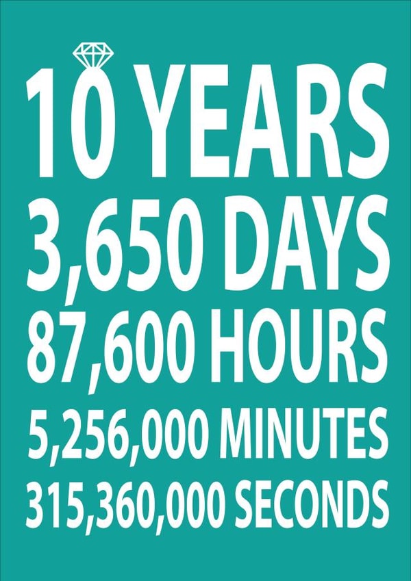 Cute 10 Year Breakdown Typography Anniversary Card - 10 Years - 10 Years, 3650 Days, 87600 Hours, 5256000 Minutes, 315360000 Seconds created by Dottie Mottie