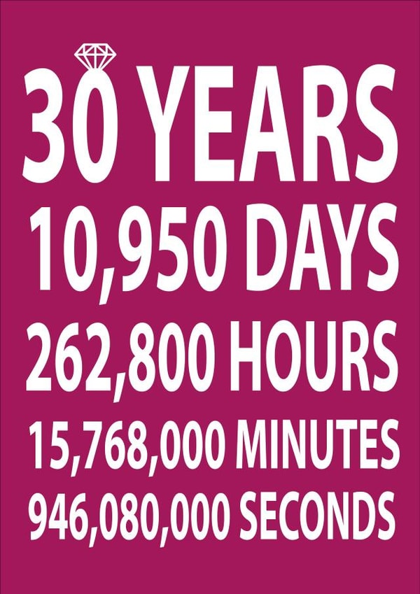 Funny Typography Countdown Anniversary Card - 30 Years - 30 Years, 10950 Days, 262800 Hours, 15768000 Minutes, 946080000 Seconds created by Dottie Mottie