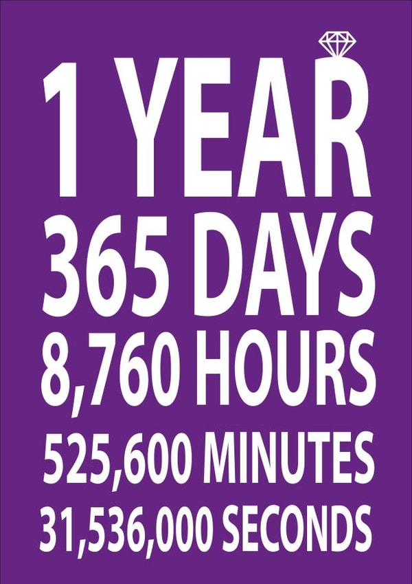 Cute Countdown Typography Anniversary Card - 1 Year - 1 Year, 365 Days, 8760 Hours, 525600 Minutes, 31536000 Seconds created by Dottie Mottie