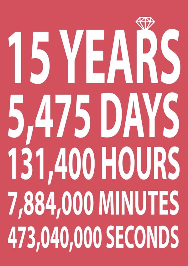 Funny Typography Crystal Wedding Anniversary Card - 15 Years - 15 Years, 5475 Days, 131400 Hours, 7884000 Minutes, 473040000 Seconds created by Dottie Mottie