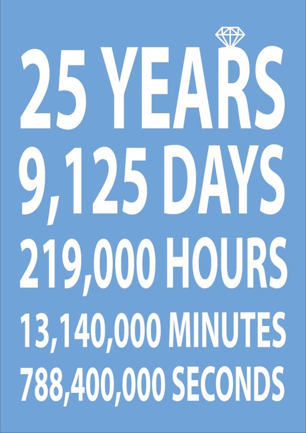 Cute Typography 25 Years Anniversary Card - 25 Years 9,125 Days 219,000 Hours 13,140,000 Minutes 788,4000,000 Seconds created by Dottie Mottie