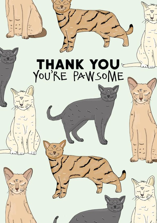 Cute Cat Pun Thank You Card - Cats - Thank You You're Pawsome created by Pearl Ivy