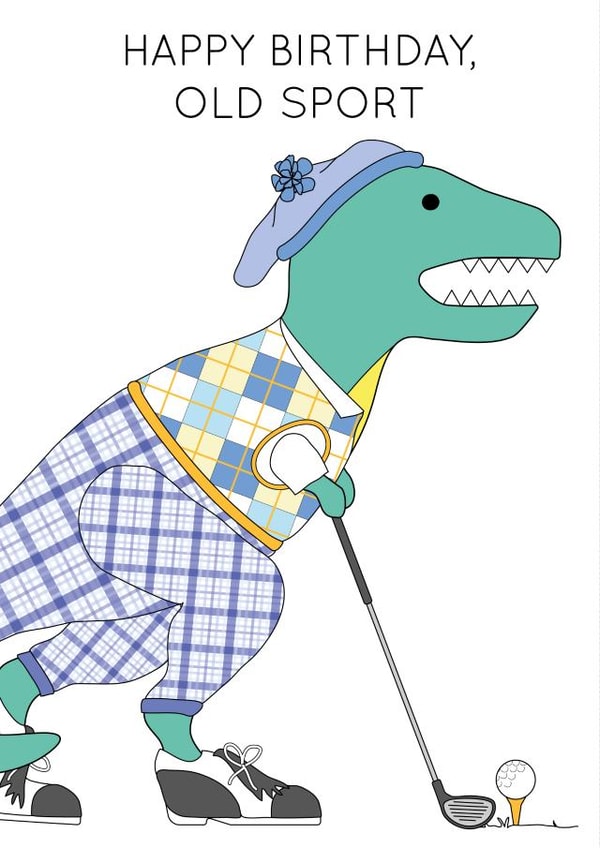 Happy birthday dinosaur golf card created by Dinosaurs Doing Stuff