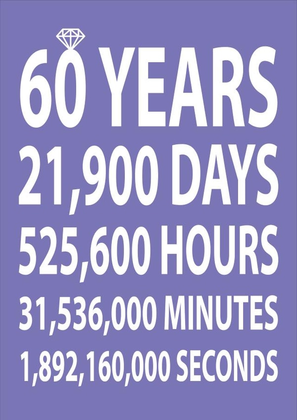 Cute Typography Diamond Wedding Anniversary - 60 Years - 60 Years, 21900 Days, 525600 Hours, 31536000 Minutes, 1892160000 Seconds created by Dottie Mottie