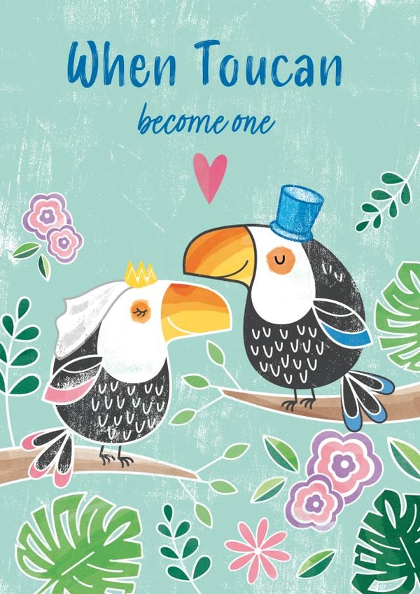Toucan wedding card - blue font and background. created by Dinky Rouge
