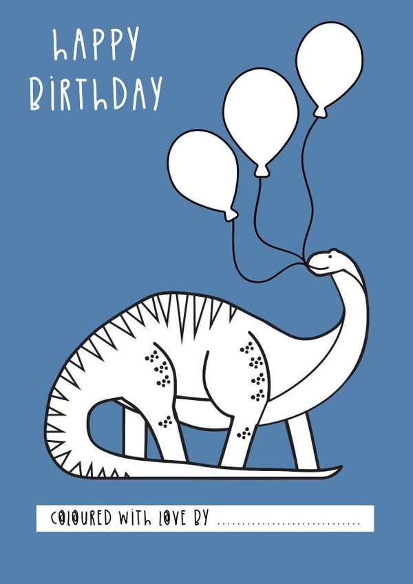 Colour me in dinosaur birthday card created by Powerinmykindness