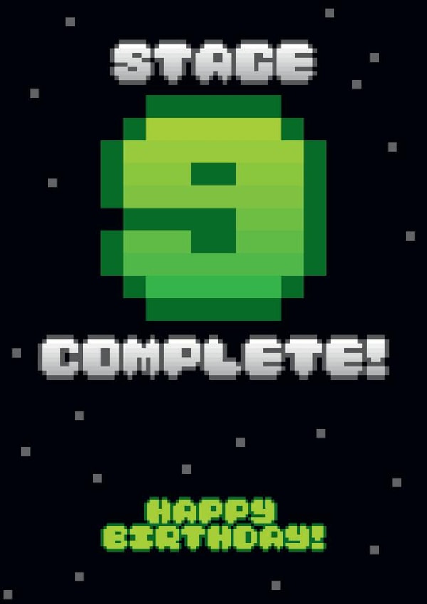Stage 9 cleared! Celebrate a birthday with retro pixels and space adventure. created by Fatchair Print