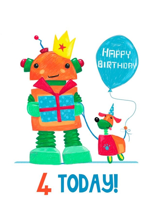 Children's Age 4 Robot and Dog Birthday Card created by Dale Simpson