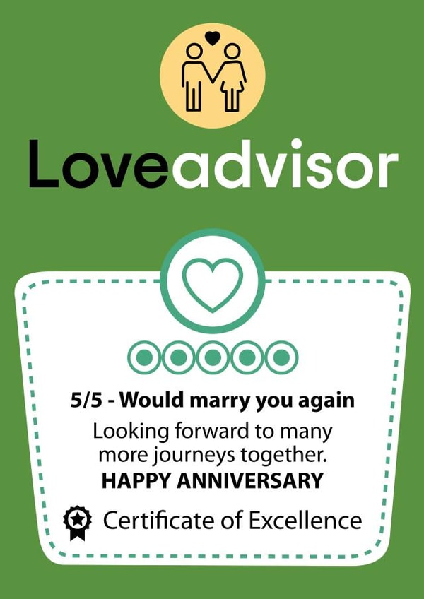 Cute Love Advisor Anniversary Card - Certificate of Excellence - 5/5 Would Marry You Again created by Designer By Lockdown