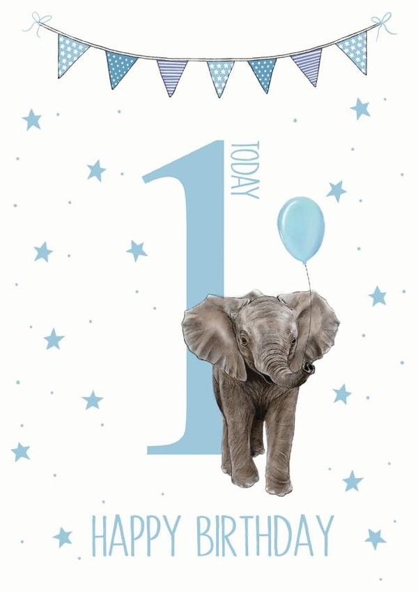 Happy 1ST Birthday Elephant card - blue balloon birthday - first birthday card created by SVHIllustration