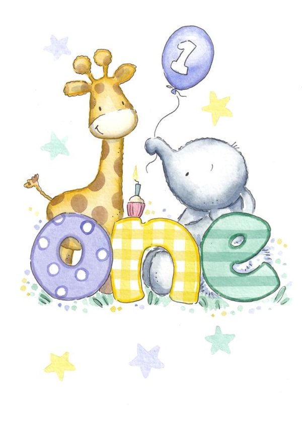 Elephant and a giraffe 1st birthday card created by Kate Garrett