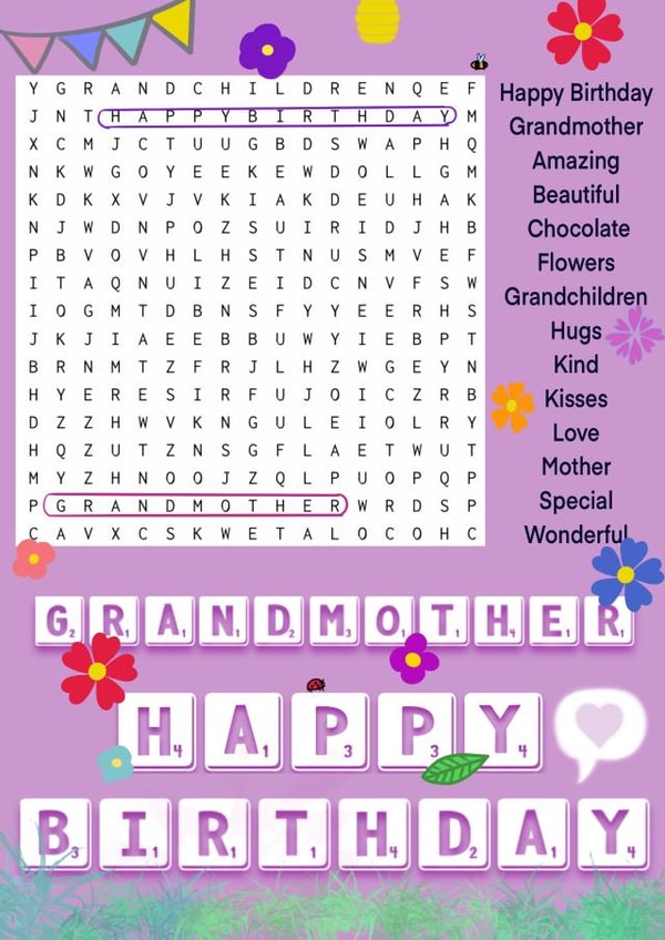 grandmother wordsearch Birthday Card 15435 created by Kerrylovescards