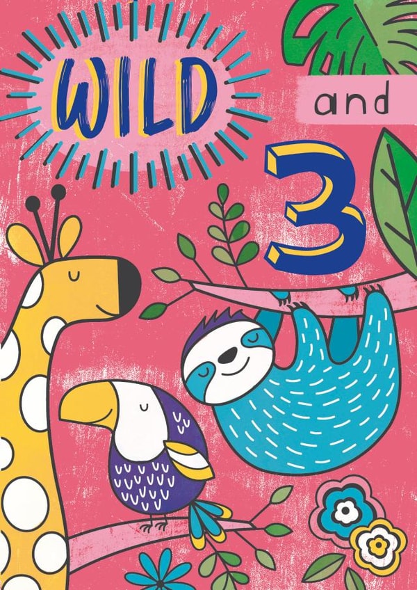 Totally Wild Age 3 Jungle card for Children in bright pink. created by Dinky Rouge