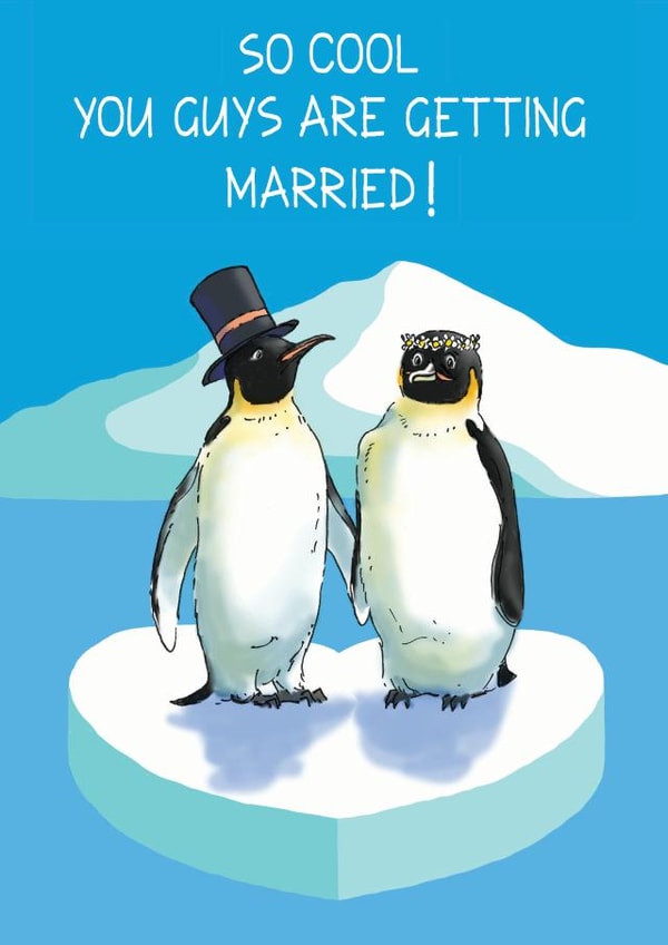 So cool you guys are getting married - penguin themed wedding card created by Richard Marsh Art