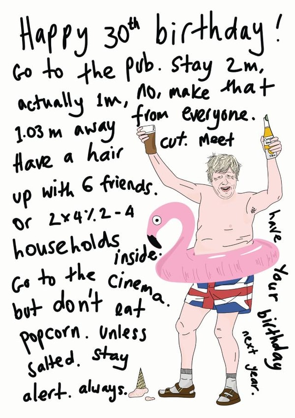 Social distancing rules Boris 30th birthday card created by Eat the Moon