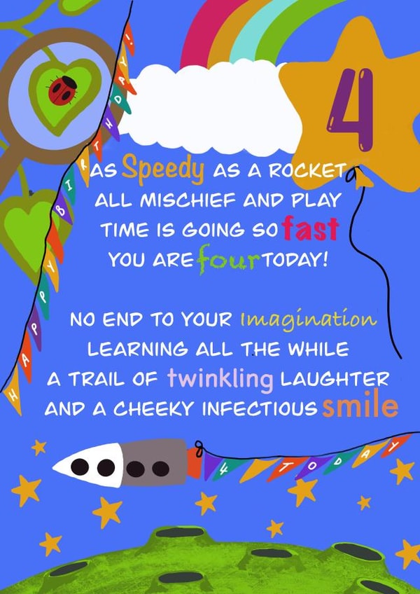 Quirky 4th birthday card poem created by Rae of Sunshine