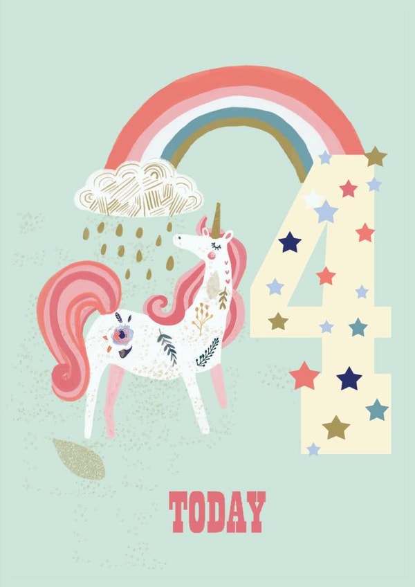 Rainbow and unicorn 4 year olds birthday card created by Sally Darby Illustration