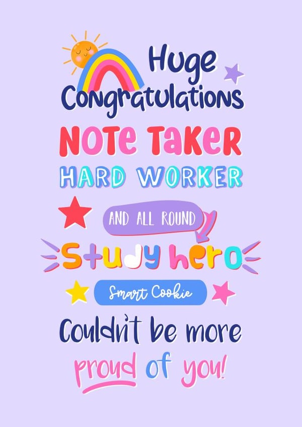 Congratulations on exam success with this cute girly card - couldn’t be more proud of you - Huge Congratulations - Study Hero - Smart Cookie - Note Taker created by Little Cat Creates